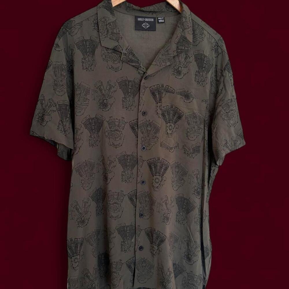 Vintage Harley Davidson Olive Green Button Up